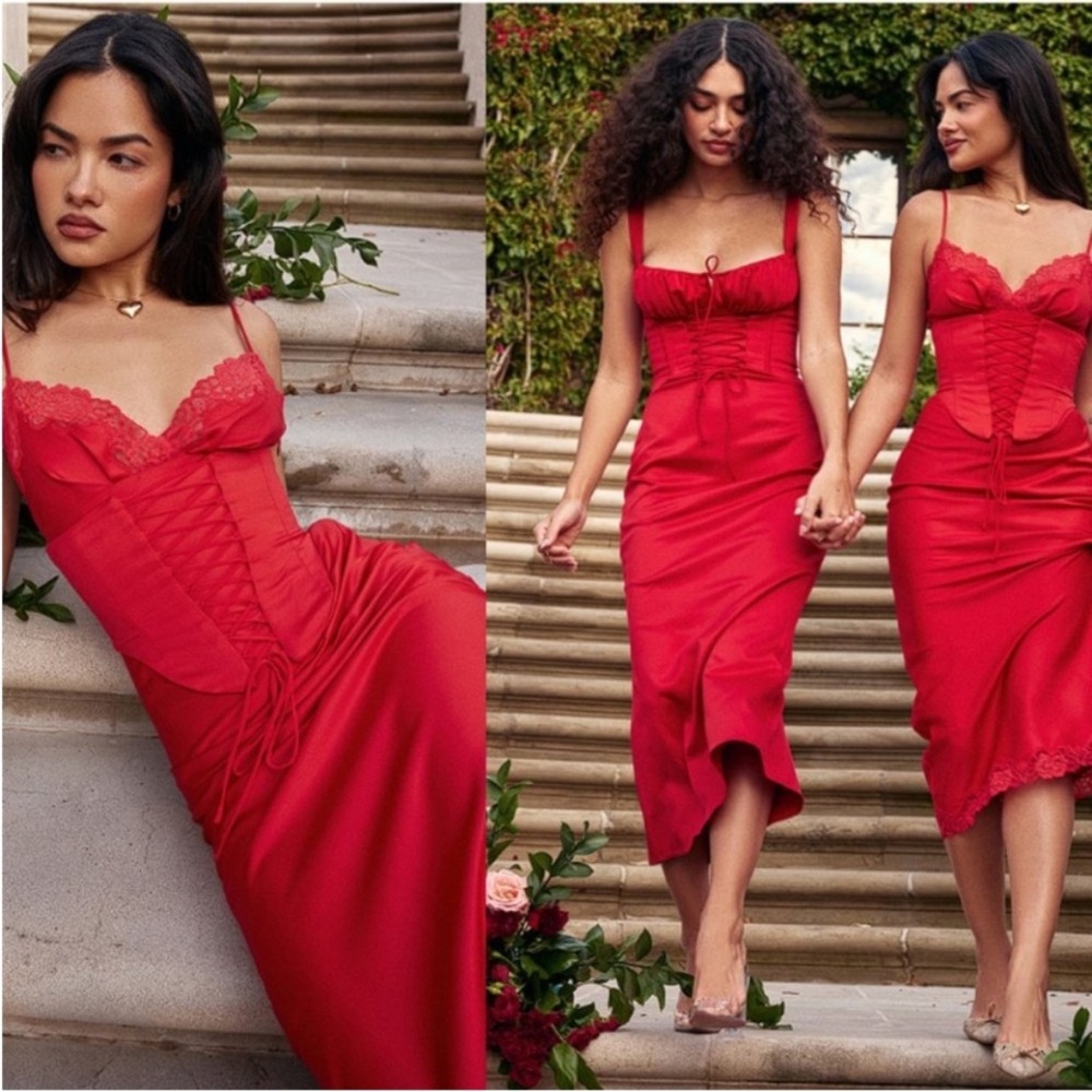 HOUSE OF CB XL D-DD  'Salma' Red Rose Satin Slip Dress‎ NWOT